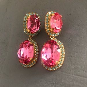 RADIANT Pink Topaz w/ Turquoise Halo Gold Earrings